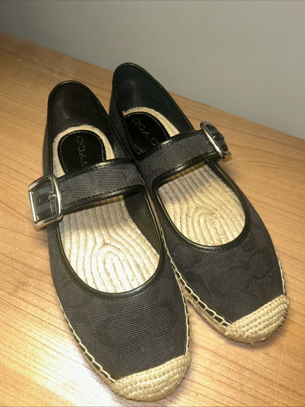 Coach Black Canvas Mary Jane Espadrille Flats with Buckle